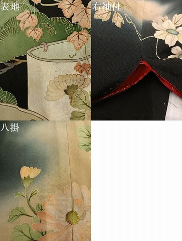 平和屋本店●アンティーク 大正ロマン 振袖 刺繍 鳳凰草花文 暈し染め 黒地 金彩 正絹 逸品 AABK0309ph