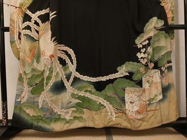 平和屋本店●アンティーク 大正ロマン 振袖 刺繍 鳳凰草花文 暈し染め 黒地 金彩 正絹 逸品 AABK0309ph