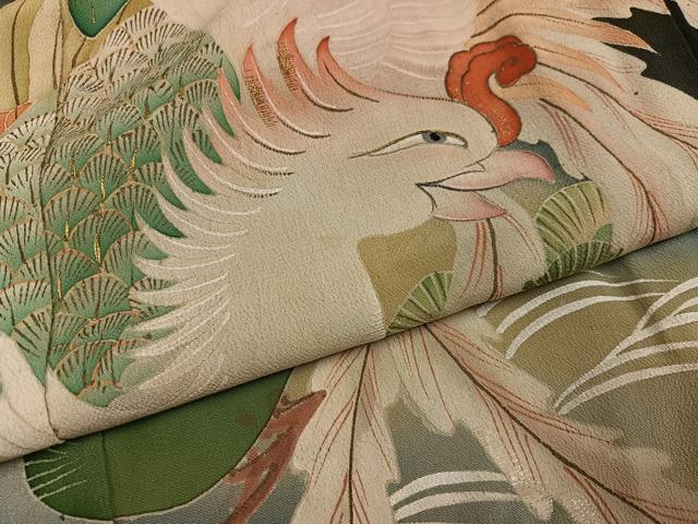 平和屋本店●アンティーク 大正ロマン 振袖 刺繍 鳳凰草花文 暈し染め 黒地 金彩 正絹 逸品 AABK0309ph