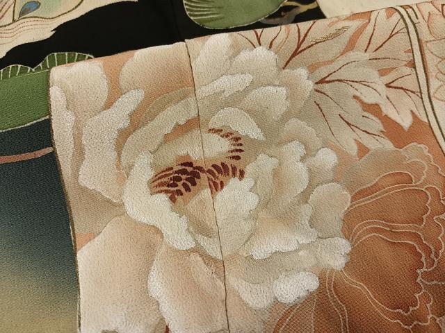 平和屋本店●アンティーク 大正ロマン 振袖 刺繍 鳳凰草花文 暈し染め 黒地 金彩 正絹 逸品 AABK0309ph