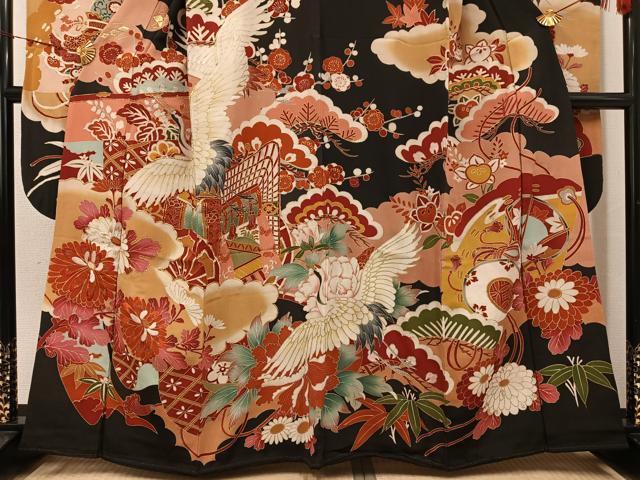 平和屋本店●アンティーク 大正ロマン 振袖 駒刺繍 群鶴御所車草花文 黒地 金彩 正絹 逸品 AABK0310ph