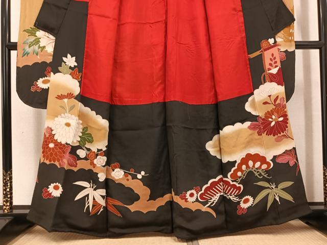 平和屋本店●アンティーク 大正ロマン 振袖 駒刺繍 群鶴御所車草花文 黒地 金彩 正絹 逸品 AABK0310ph