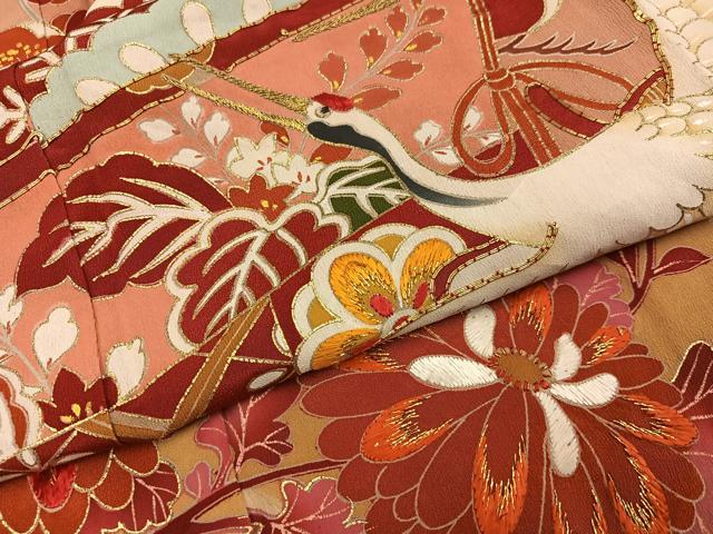 平和屋本店●アンティーク 大正ロマン 振袖 駒刺繍 群鶴御所車草花文 黒地 金彩 正絹 逸品 AABK0310ph