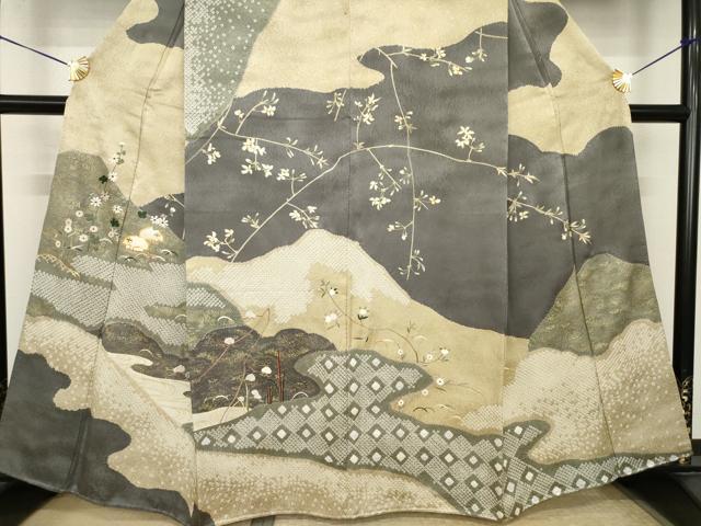 平和屋着物●訪問着 駒刺繍 絞り 風景枝花文 金彩 正絹 逸品 AABK0342ck