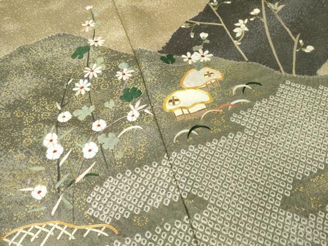 平和屋着物●訪問着 駒刺繍 絞り 風景枝花文 金彩 正絹 逸品 AABK0342ck