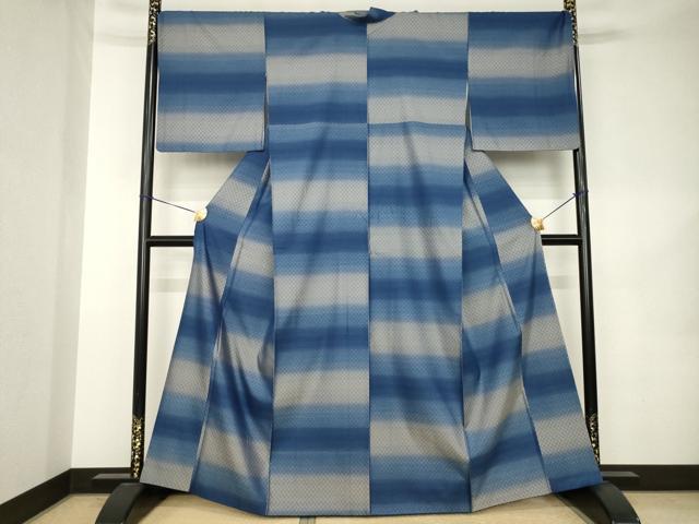平和屋着物●藍工房 花織 紬 横段文 正絹 逸品 AABK0347ck