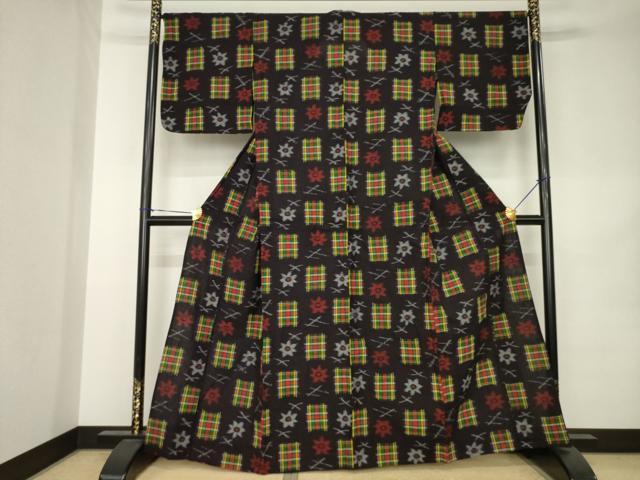 平和屋着物▽久留米絣 単衣 市松花文 綿 逸品 AABK0353ck