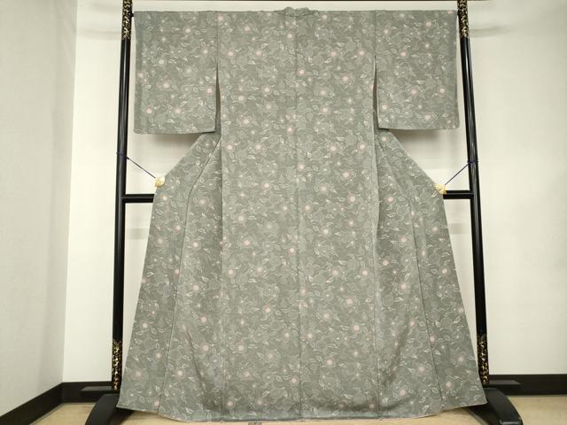 平和屋着物●上質な小紋 型染め 草花文 鬼しぼ縮緬 正絹 逸品 AABK0354ck