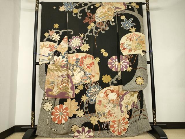 平和屋本店●アンティーク 大正ロマン 振袖 駒刺繍 地紙御所車花文 黒地 正絹 逸品 AABK0372ck