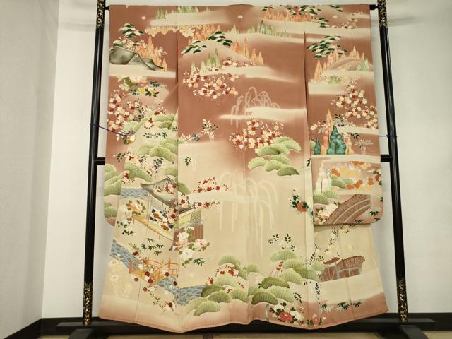 平和屋本店●アンティーク 大正ロマン 振袖 駒刺繍 風景文 暈し染め 正絹 逸品 AABK0373ck
