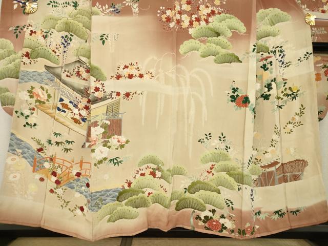 平和屋本店●アンティーク 大正ロマン 振袖 駒刺繍 風景文 暈し染め 正絹 逸品 AABK0373ck