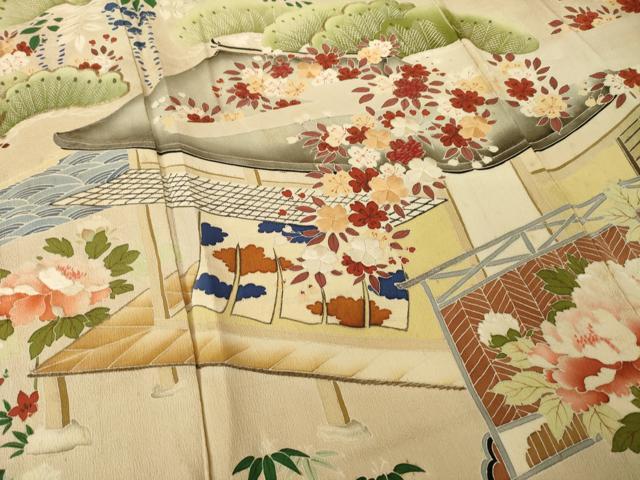 平和屋本店●アンティーク 大正ロマン 振袖 駒刺繍 風景文 暈し染め 正絹 逸品 AABK0373ck
