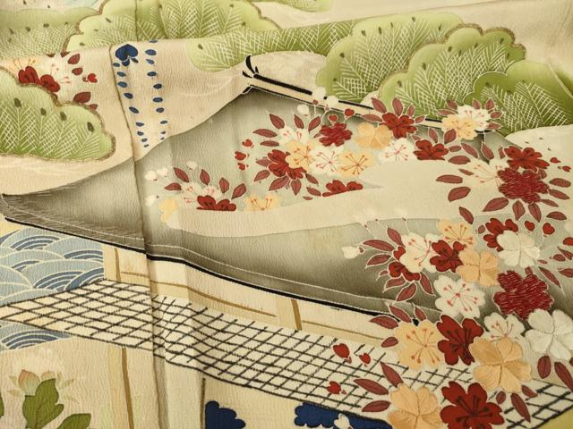 平和屋本店●アンティーク 大正ロマン 振袖 駒刺繍 風景文 暈し染め 正絹 逸品 AABK0373ck