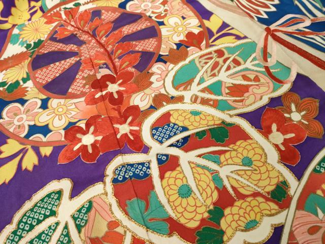平和屋本店●アンティーク 大正ロマン 振袖 駒刺繍 源氏車花文 金彩 ロング丈 正絹 逸品 AABK0374ck