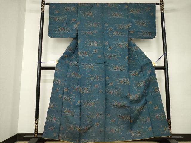 平和屋着物●上質な小紋 紬地 型染め 流水花文 正絹 逸品 AABK0378ck