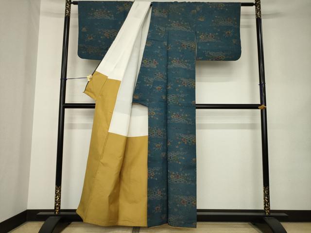 平和屋着物●上質な小紋 紬地 型染め 流水花文 正絹 逸品 AABK0378ck