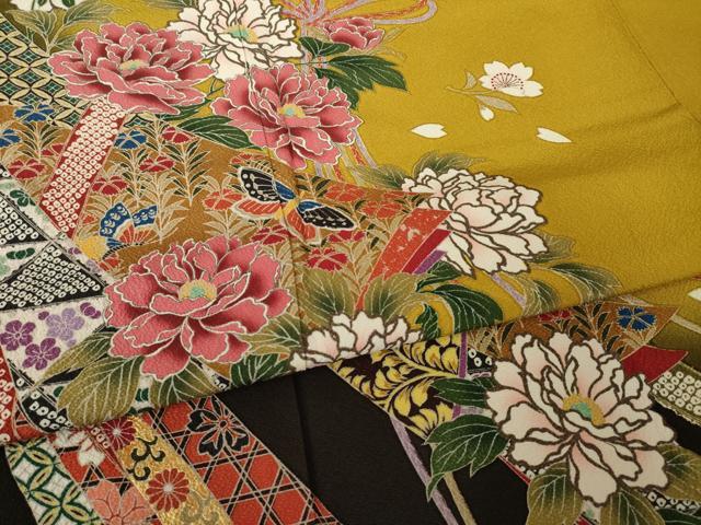 平和屋着物●豪華振袖 蔓帯花蝶文 暈し染め 金彩 ロング丈 正絹 逸品 AABK0384ck