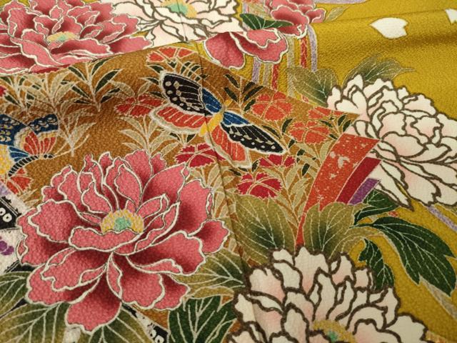 平和屋着物●豪華振袖 蔓帯花蝶文 暈し染め 金彩 ロング丈 正絹 逸品 AABK0384ck