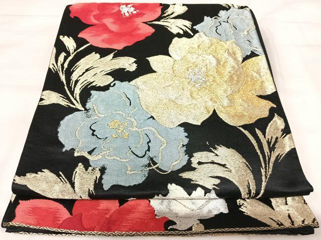 平和屋着物◎六通柄袋帯 唐織 草花文 黒地 金銀糸 正絹 逸品 AABK0410yx