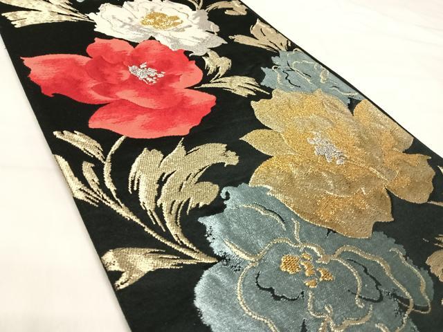平和屋着物◎六通柄袋帯 唐織 草花文 黒地 金銀糸 正絹 逸品 AABK0410yx
