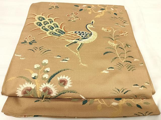 平和屋着物◎太鼓柄 本袋帯 唐織 孔雀花文 金糸 正絹 逸品 AABK0417yx