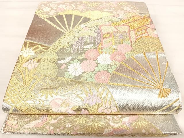 平和屋着物◎慶長佐賀錦 六通柄袋帯 唐織 扇面御所車花文 金銀糸 正絹 逸品 AABK0422yx