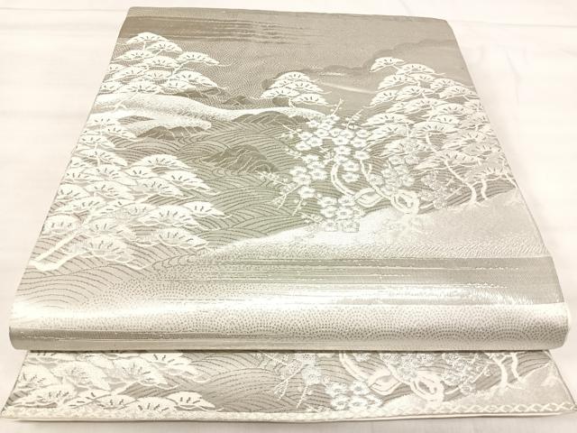 平和屋着物◎六通柄袋帯 風景花文 プラチナ箔 正絹 逸品 AABK0424yx