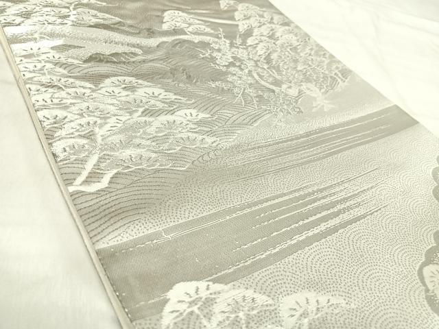 平和屋着物◎六通柄袋帯 風景花文 プラチナ箔 正絹 逸品 AABK0424yx