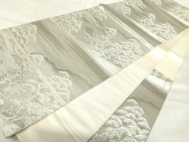 平和屋着物◎六通柄袋帯 風景花文 プラチナ箔 正絹 逸品 AABK0424yx
