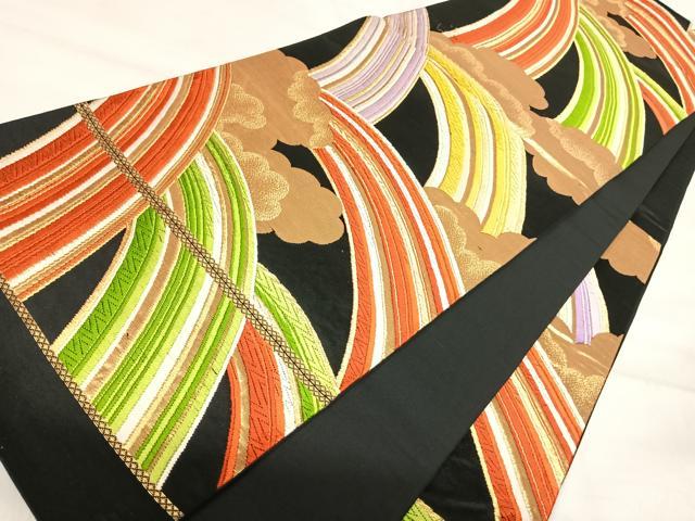 平和屋着物◎六通柄袋帯 唐織 虹 黒地 金糸 正絹 逸品 AABK0431yx