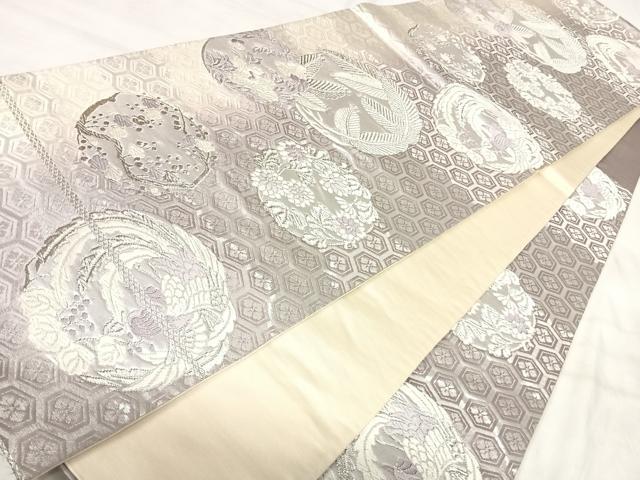 平和屋着物◎六通柄袋帯 唐織 鳳凰花丸文 銀糸 正絹 逸品 AABK0439yx