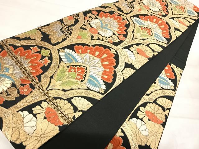 平和屋着物◎六通柄 本袋帯 唐織 更紗花文 黒地 金銀糸 正絹 逸品 AABK0443yx