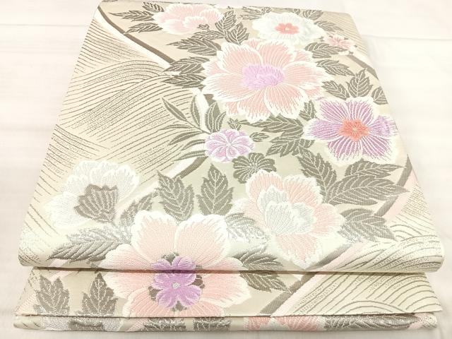 平和屋着物◎六通柄袋帯 唐織 草花文 銀糸 正絹 逸品 AABK0449yx