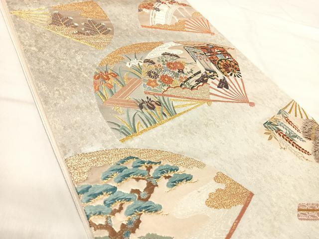 平和屋着物◎太鼓柄袋帯 唐織 扇面御所車花文 本銀摺箔 正絹 逸品 AABK0458yx