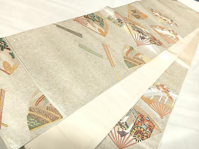 平和屋着物◎太鼓柄袋帯 唐織 扇面御所車花文 本銀摺箔 正絹 逸品 AABK0458yx