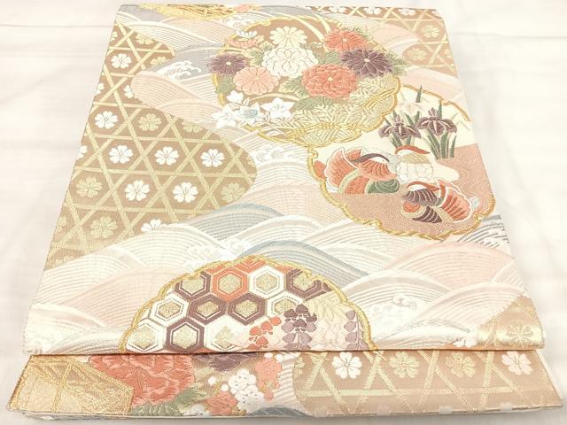 平和屋着物◎六通柄袋帯 唐織 雪輪重ね鴛鴦花文 金銀糸 正絹 逸品 AABK0465yx