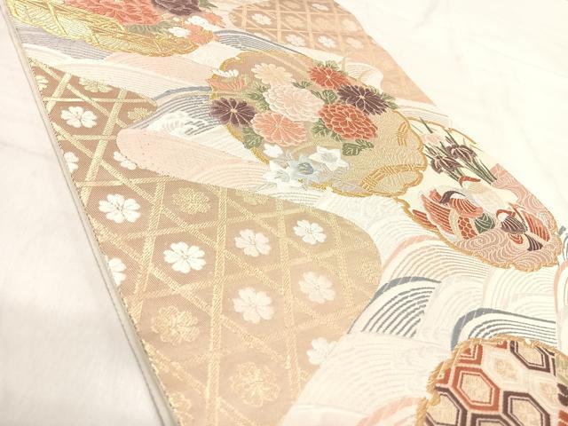 平和屋着物◎六通柄袋帯 唐織 雪輪重ね鴛鴦花文 金銀糸 正絹 逸品 AABK0465yx