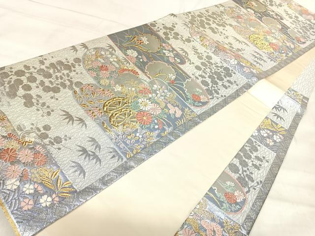 平和屋着物◎六通柄袋帯 唐織 エ霞花車文 金銀糸 正絹 逸品 AABK0467yx