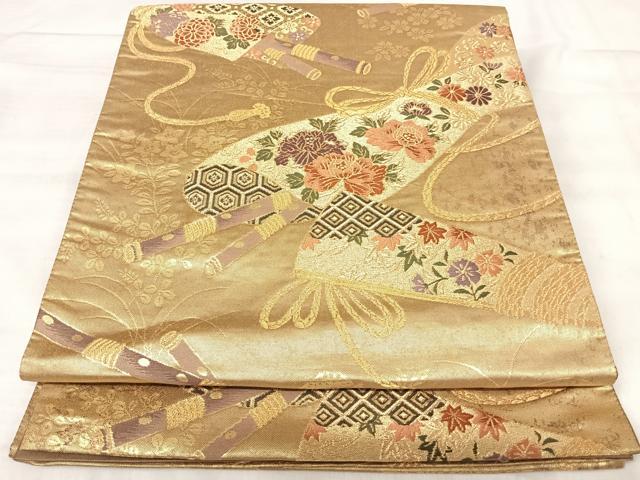 平和屋着物◎六通柄袋帯 唐織 楽器花文 金糸 正絹 逸品 AABK0469yx