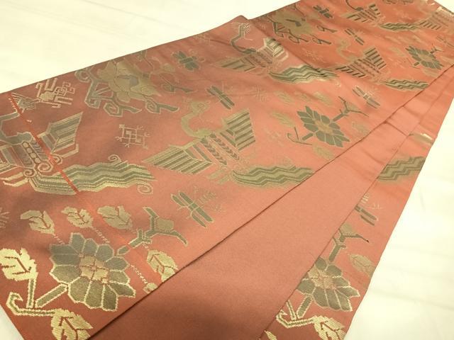 平和屋着物◎六通柄 本袋帯 花鳥文 金糸 正絹 逸品 AABK0475yx