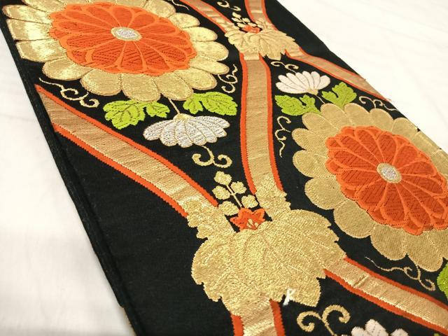 平和屋着物◎六通柄 京袋帯 唐織 立涌花文 黒地 金銀糸 正絹 逸品 AABK0502yx