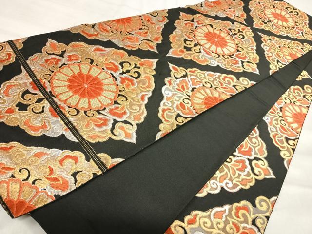 平和屋着物◎六通柄 本袋帯 唐織 飾花文 黒地 金銀糸 正絹 逸品 AABK0510yx