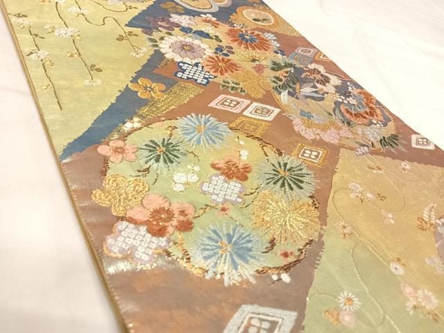 平和屋着物◎六通柄袋帯 唐織 松文花の丸文 金糸 正絹 逸品 AABK0511yx