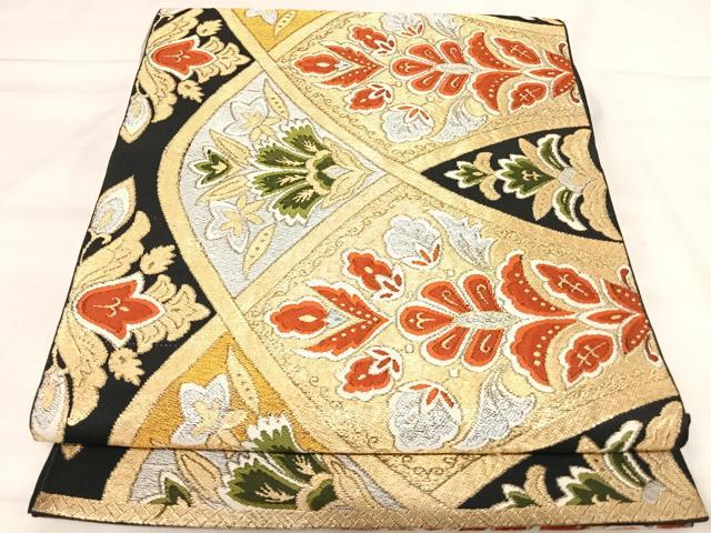 平和屋着物◎六通柄 本袋帯 唐織 更紗花文 黒地 金銀糸 正絹 逸品 AABK0528yx