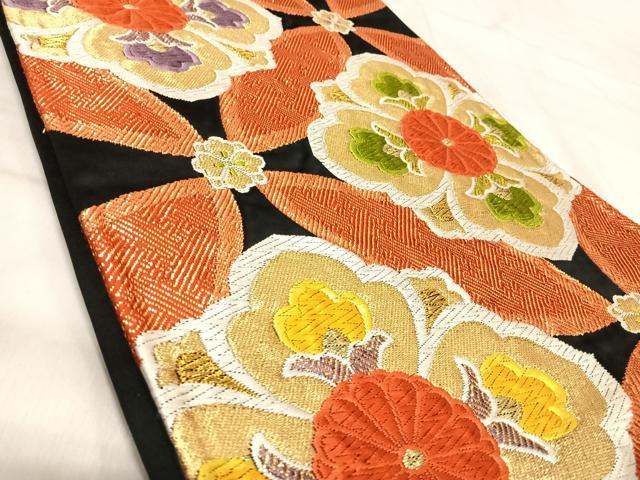 平和屋着物◎六通柄袋帯 唐織 七宝花文 黒地 金糸 正絹 逸品 AABK0530yx
