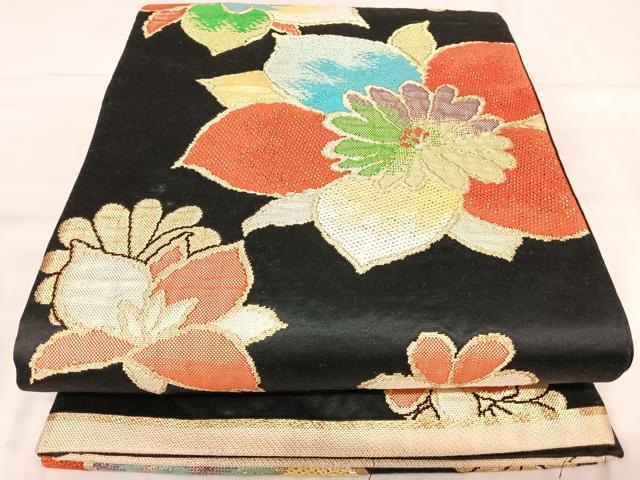 平和屋着物◎六通柄袋帯 唐織 舞花文 黒地 金糸 正絹 逸品 AABK0532yx