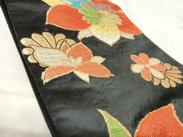 平和屋着物◎六通柄袋帯 唐織 舞花文 黒地 金糸 正絹 逸品 AABK0532yx