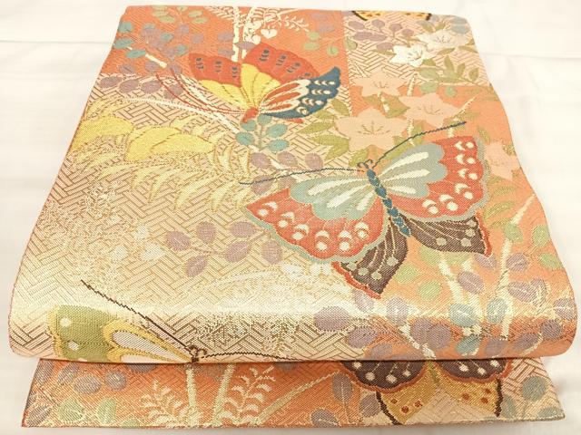 平和屋着物◎佐賀錦 六通柄袋帯 花蝶文 金糸 正絹 逸品 AABK0534yx