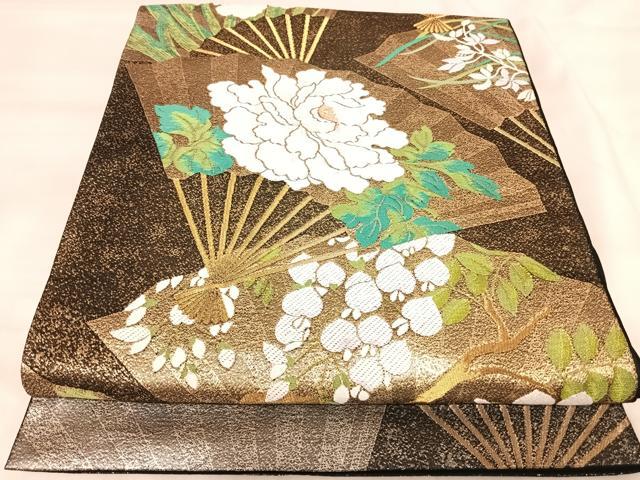 平和屋着物◎六通柄 本袋帯 唐織 扇面花文 黒地 金糸 正絹 逸品 AABK0548yx