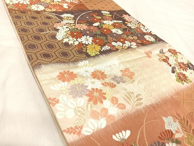 平和屋着物◎六通柄袋帯 唐織 草花文 金糸 正絹 逸品 AABK0554yx